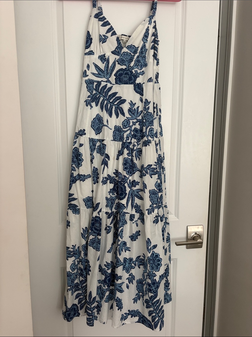 Moon River White Maxi Dress with Navy Blue Floral Motif